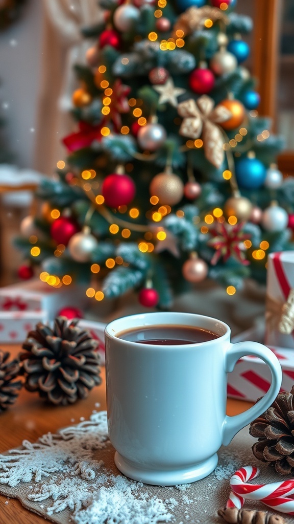 Aesthetic Christmas profile picture concept with a decorated tree, snowflakes, and a cup of cocoa.